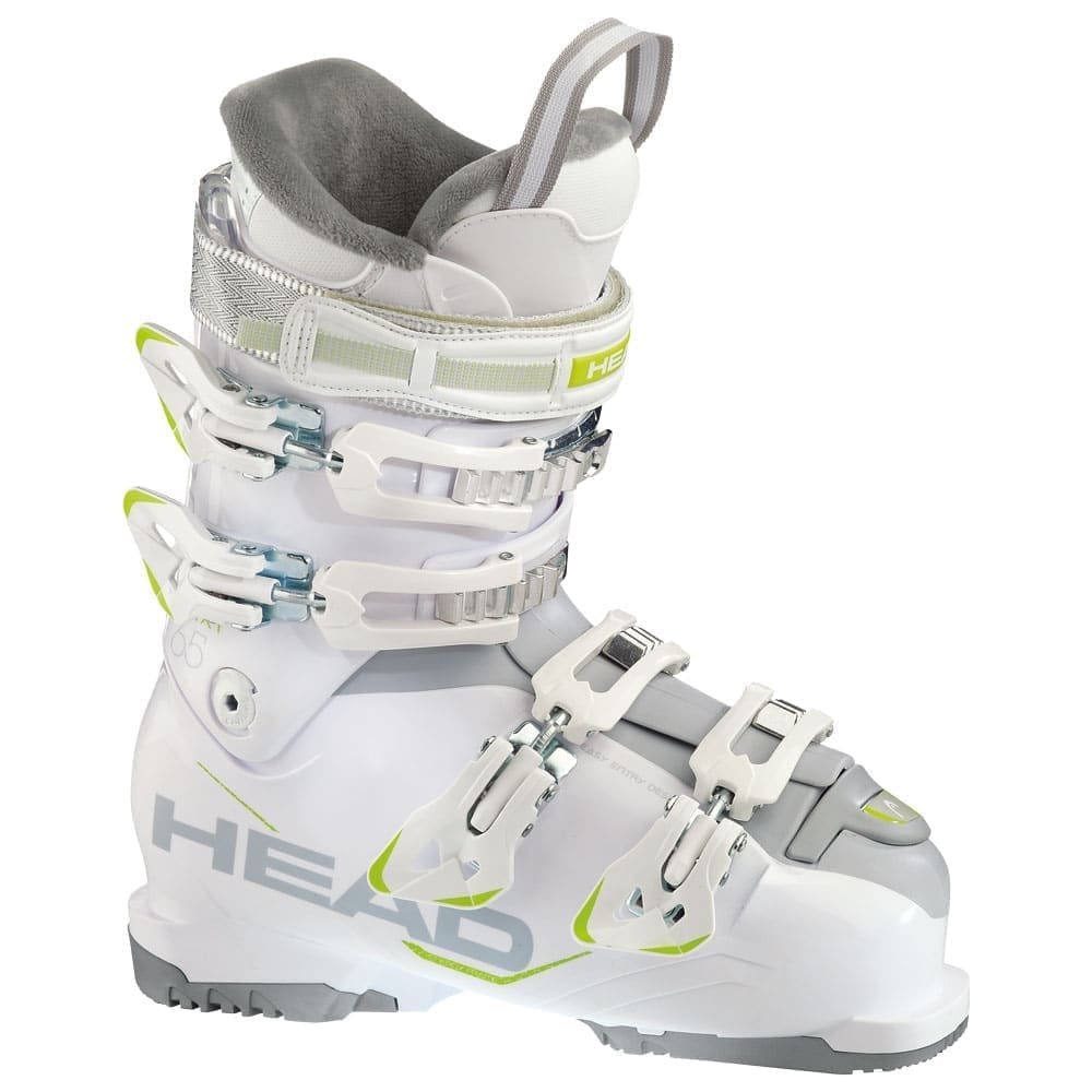 Chaussures de ski Head Next blanches, avec trois boucles et une sangle, pour un confort et une performance optimaux sur les pistes.