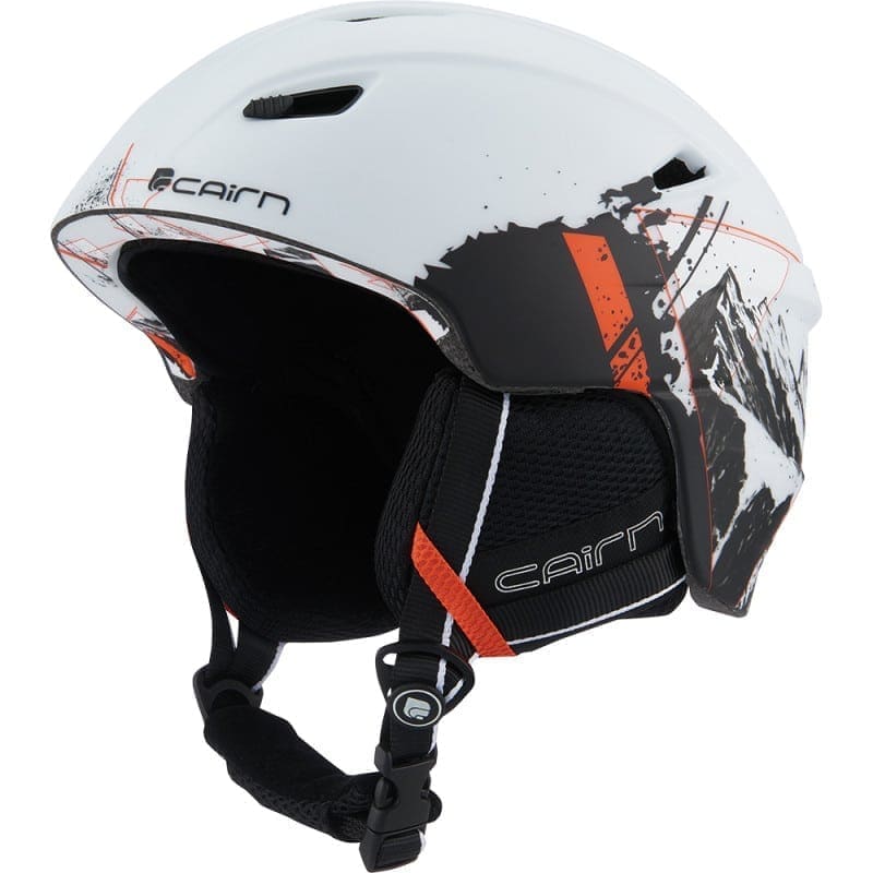 Casque de ski Cairn Profil Mat White Summits, blanc avec graphismes noirs et oranges, parfait pour allier sécurité et style sur les pistes.